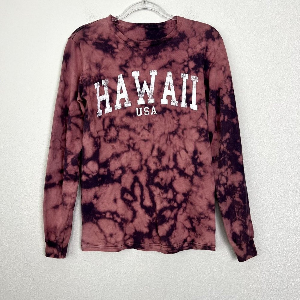 Upcycled Custom Hawaii USA Bleach Tie Dye Long Sleeve Graphic Tee Tshirt Small